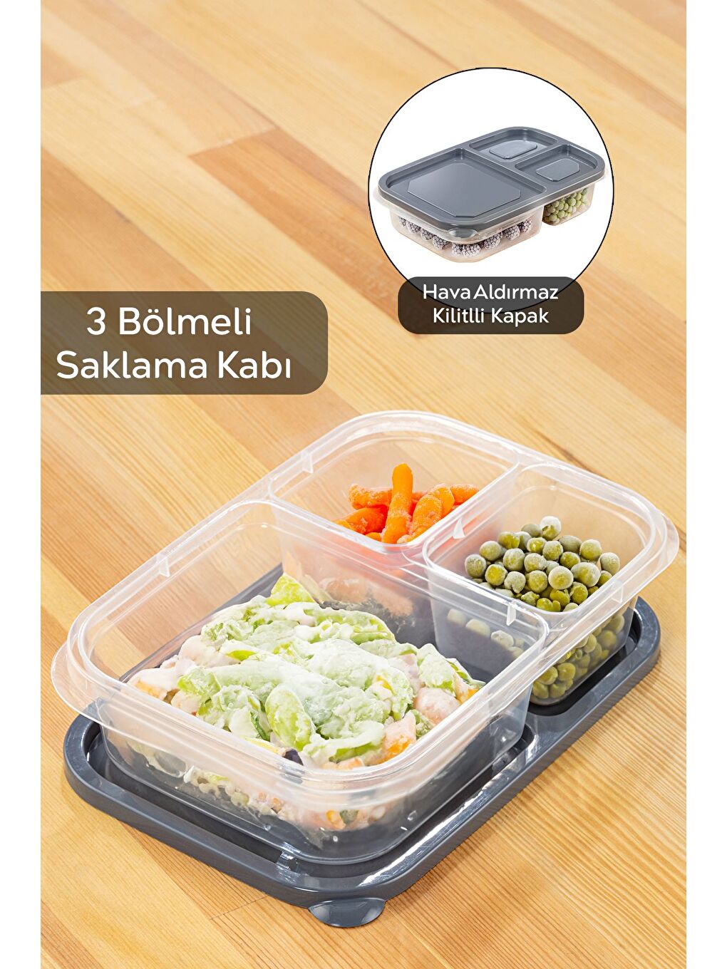 Gri 3 Bölmeli Kapaklı Derin Dondurucu Düzenleme Organizeri Dikdörtgen Buzdolabı Saklama kutusu-1