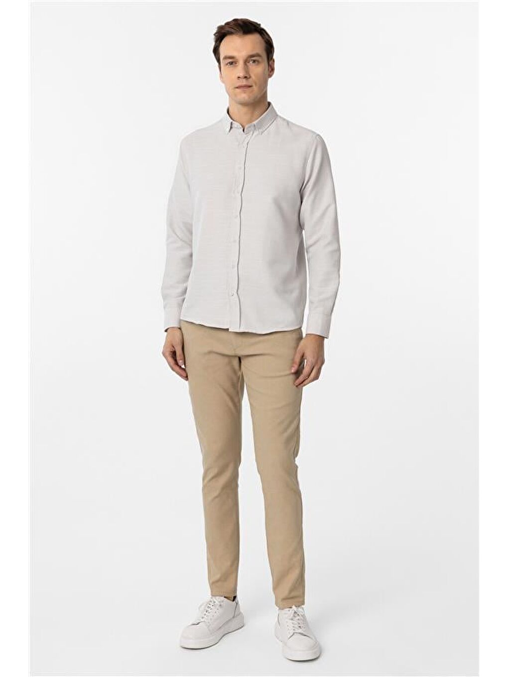 Ekru Slim Armürlü Düğmeli Yaka Gömlek-3