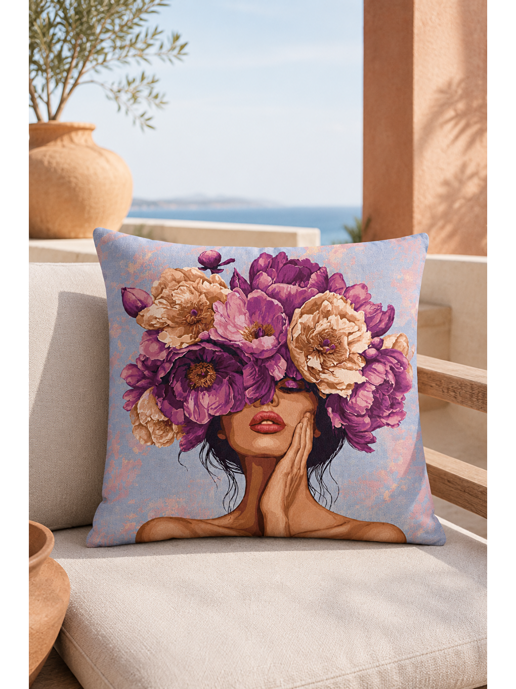 Mor Çiçek Taçlı Kadın Portre Dekoratif Kırlent Kılıfı Bohem Salon Dekor 43x43 Cm-1