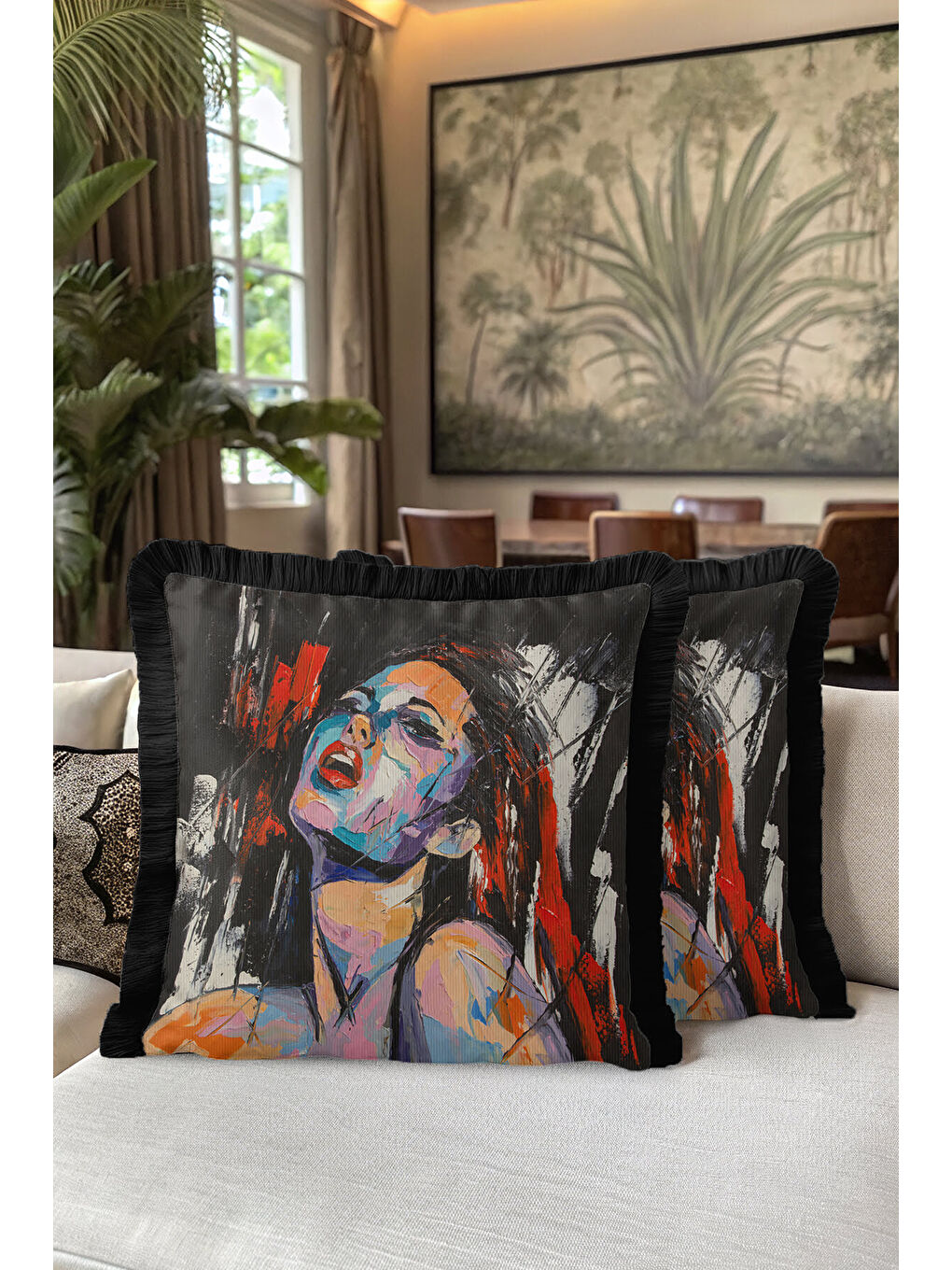 Karışık Soyut Portre Sanat Saçaklı Yastık Kılıfı - Modern Siyah Kırmızı Püsküllü Kırlent Kılıfı-5