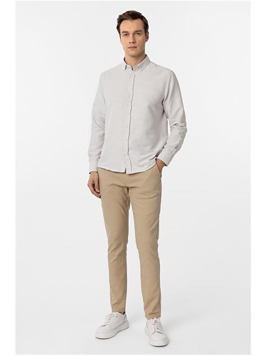 Ekru Slim Armürlü Düğmeli Yaka Gömlek-4