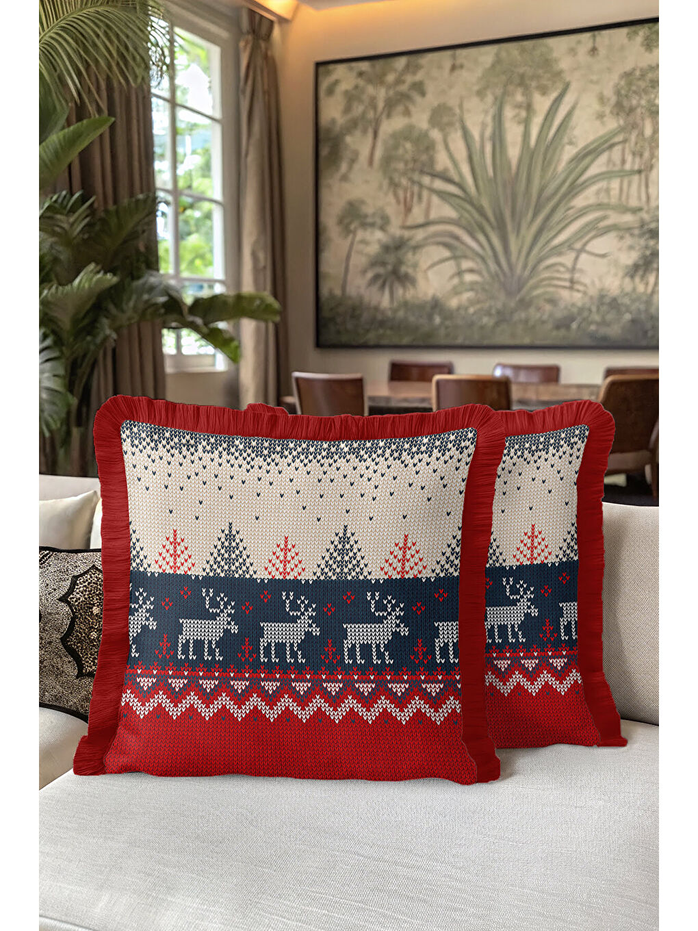 Karışık Nordik Geyik Motifi Saçaklı Yastık Kılıfı - Kış Tema Rustik Kırmızı Lacivert Püsküllü Kırlent Kılıfı-5