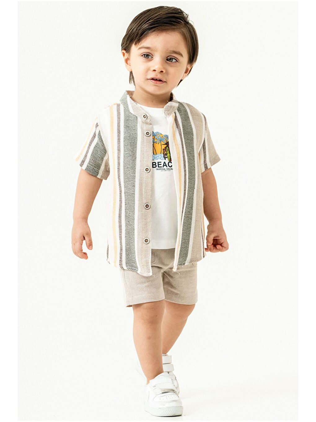 Bej Erkek Çocuk 3’lü Yazlık Takım Çizgili Gömlek Tişört Şort Kombin-3