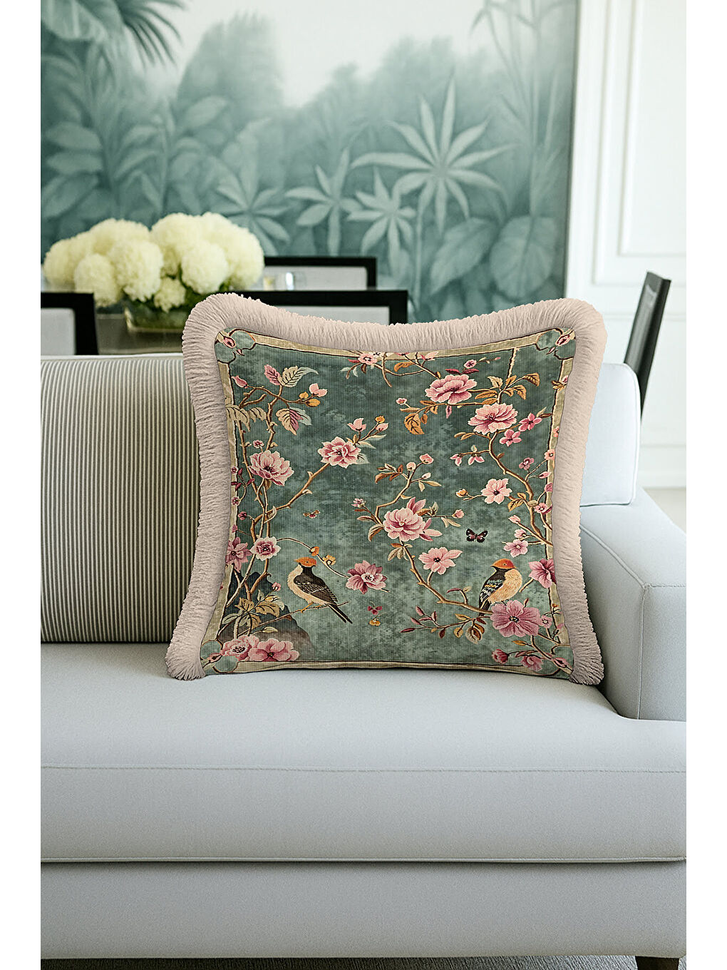 Karışık Bahar Kuşlu Saçaklı Yastık Kılıfı - Vintage Çiçekli Klasik Bohem Yeşil Püsküllü Kırlent Kılıfı-3