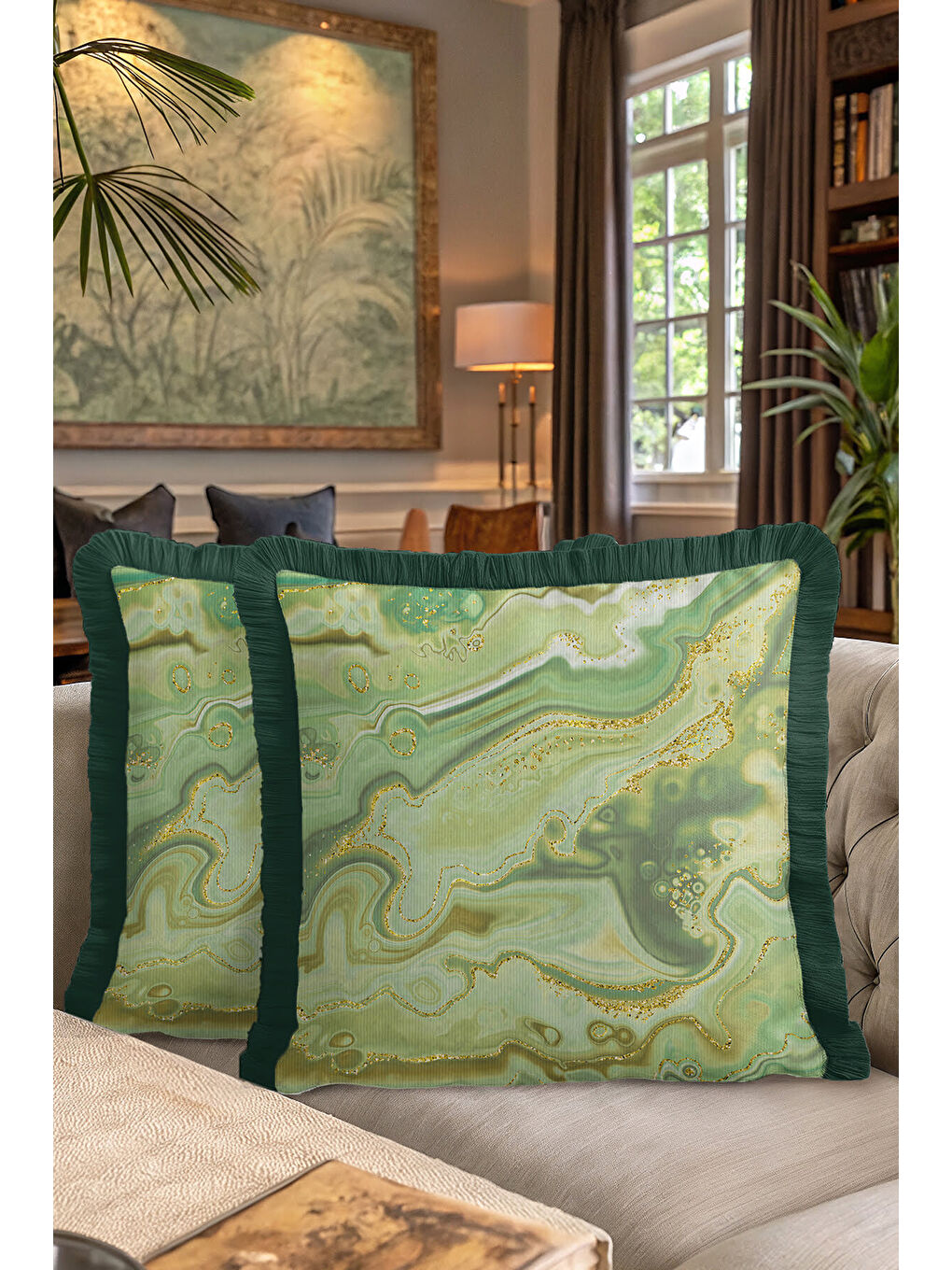 Karışık Zümrüt Mermer Saçaklı Yastık Kılıfı - Lüks Bohem Yeşil Altın Renkli Püsküllü Kırlent Kılıfı-7