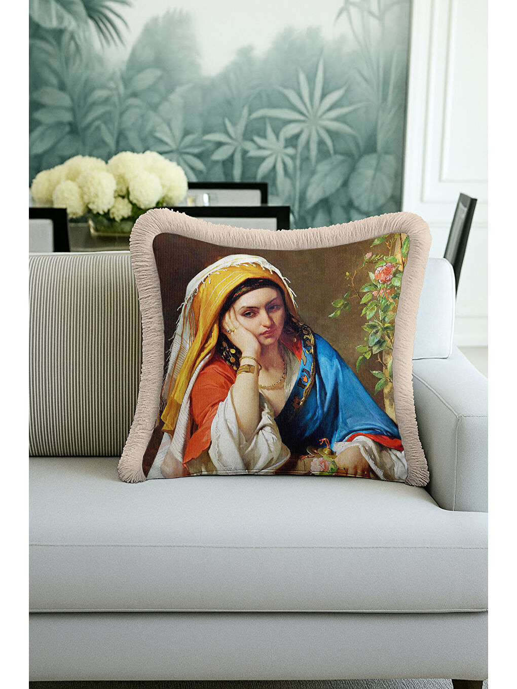 Karışık Avangart Portre Saçaklı Yastık Kılıfı - Sanatsal Klasik Vintage Mavi Gold Püsküllü Kırlent Kılıfı