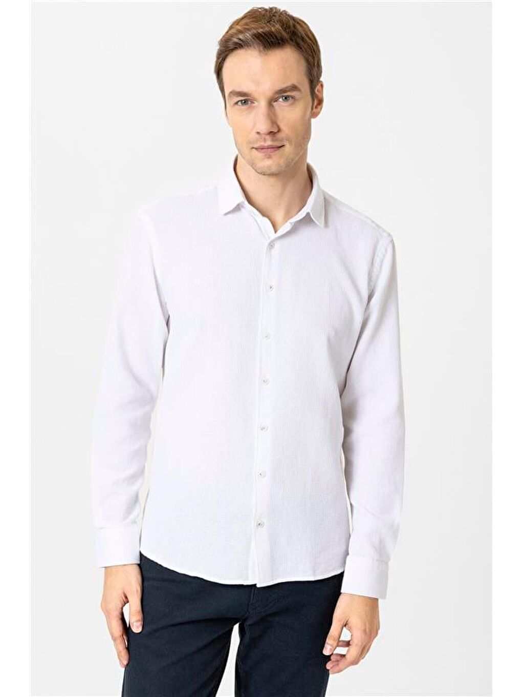 Ekru Slim Desenli Klasik Yaka Gömlek-1