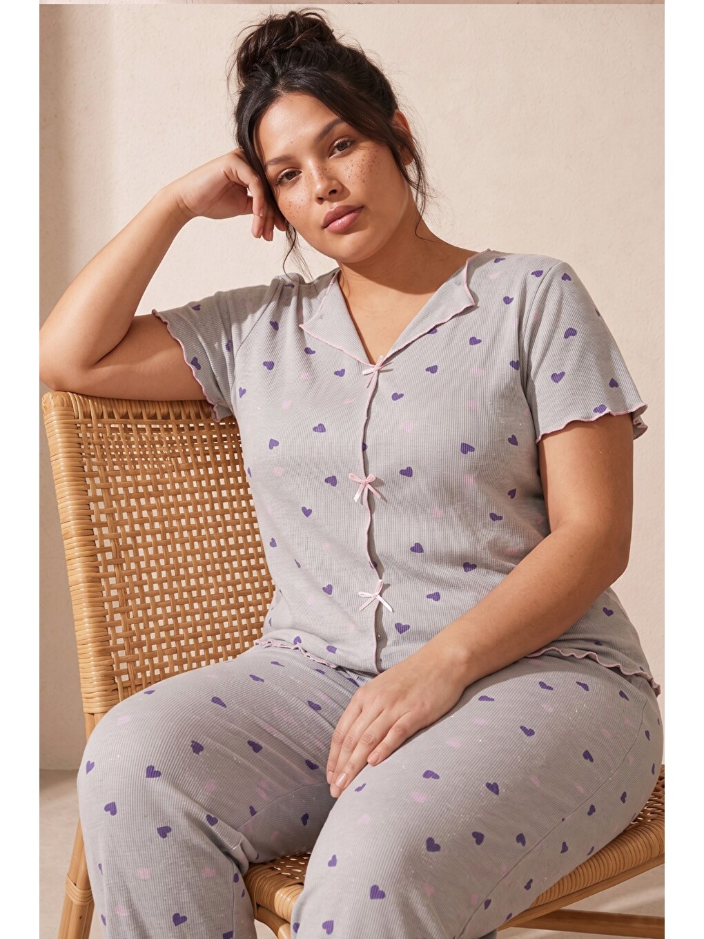 Gri Beden Fitilli Kaşkorse Örme Pijama Takım26120851-1