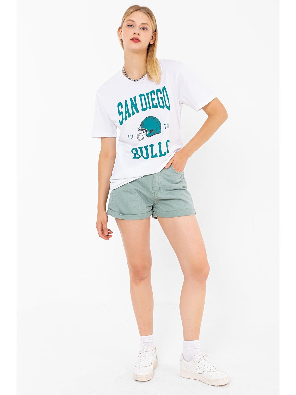 Bisiklet Yaka San Dİego Baskılı Beyaz Oversize Kadın Unisex Tişört-2