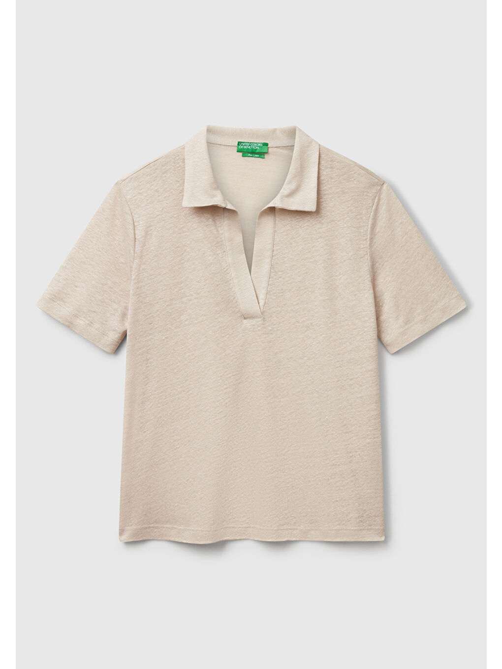 Bej Kadın Taş Rengi %100 Keten Polo Yaka T-Shirt-1