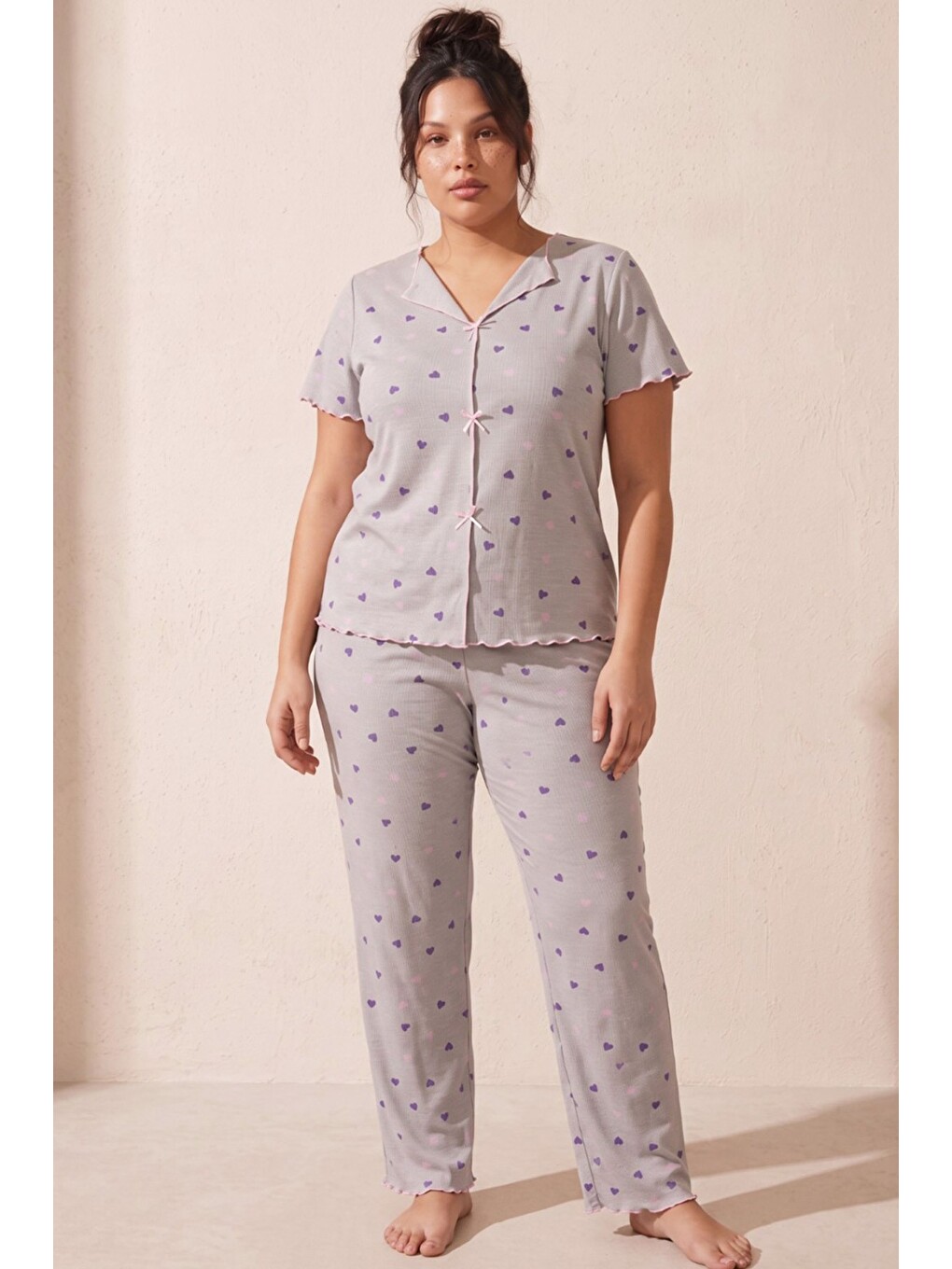 Gri Beden Fitilli Kaşkorse Örme Pijama Takım26120851-2