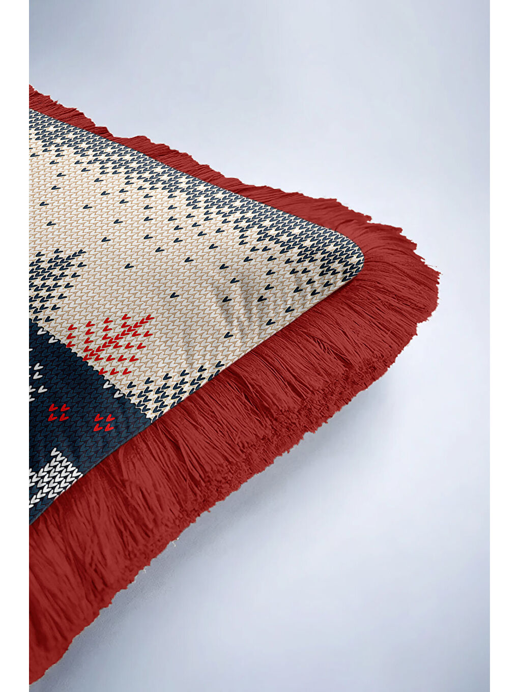 Karışık Nordik Geyik Motifi Saçaklı Yastık Kılıfı - Kış Tema Rustik Kırmızı Lacivert Püsküllü Kırlent Kılıfı-6