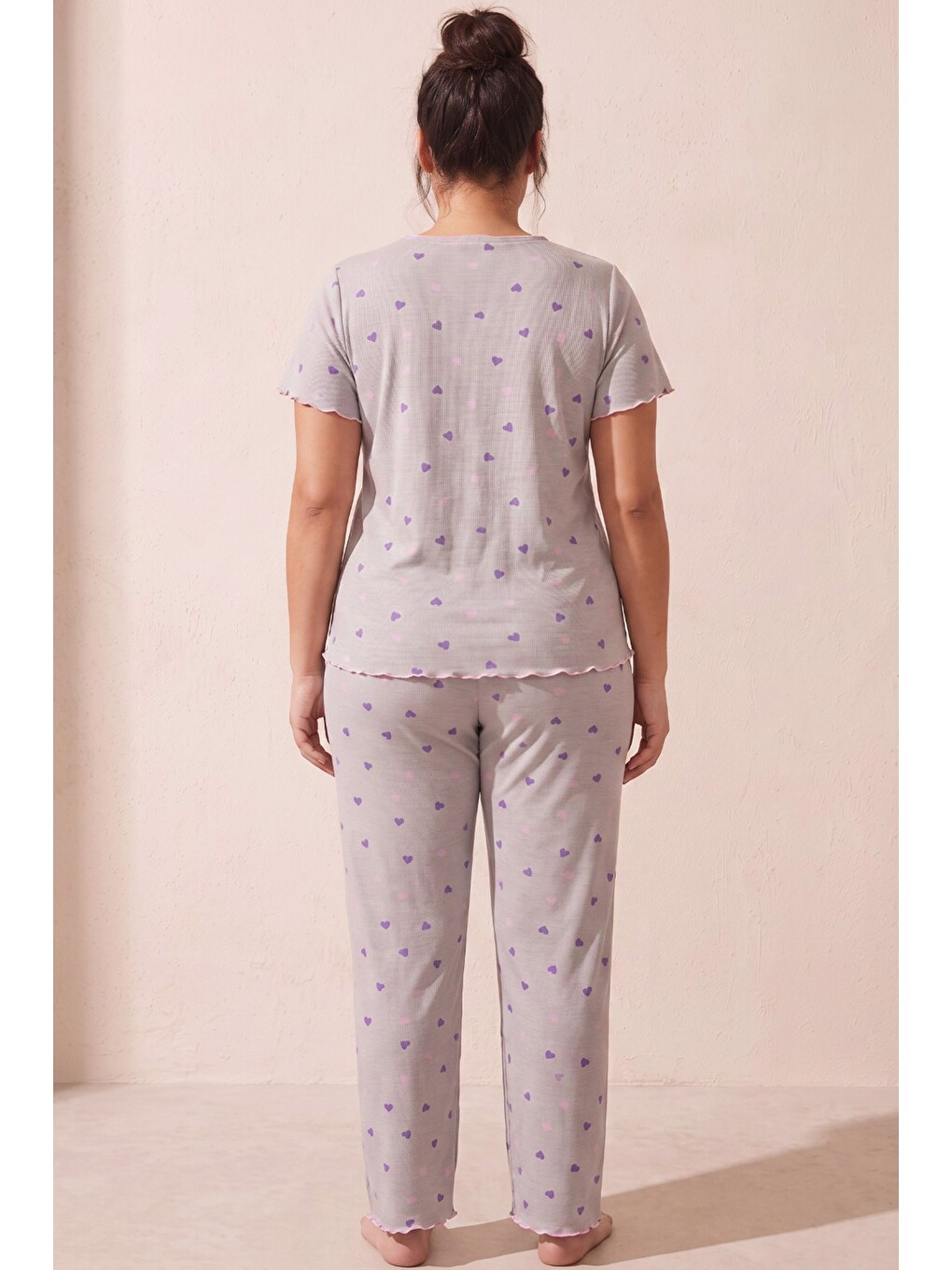 Gri Beden Fitilli Kaşkorse Örme Pijama Takım26120851-3