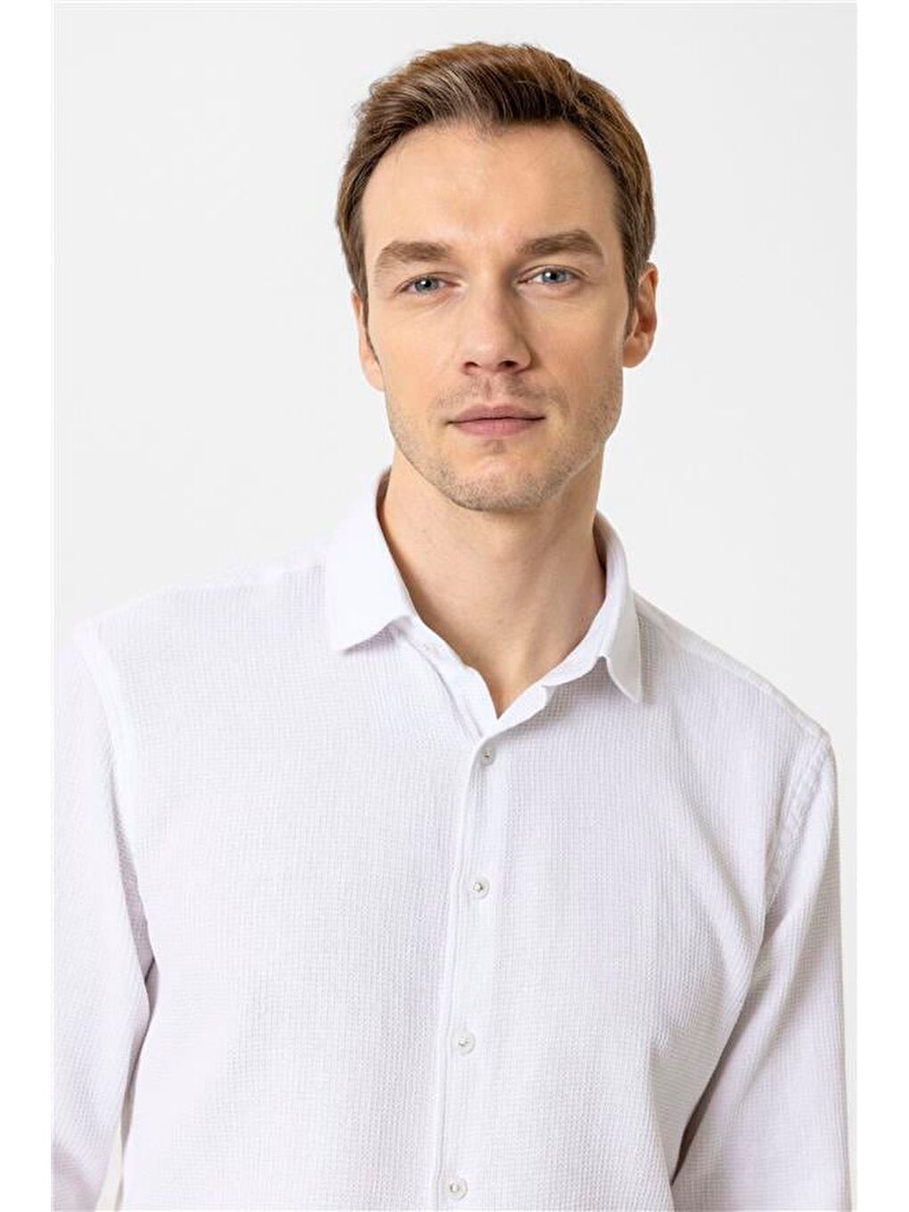 Ekru Slim Desenli Klasik Yaka Gömlek-2