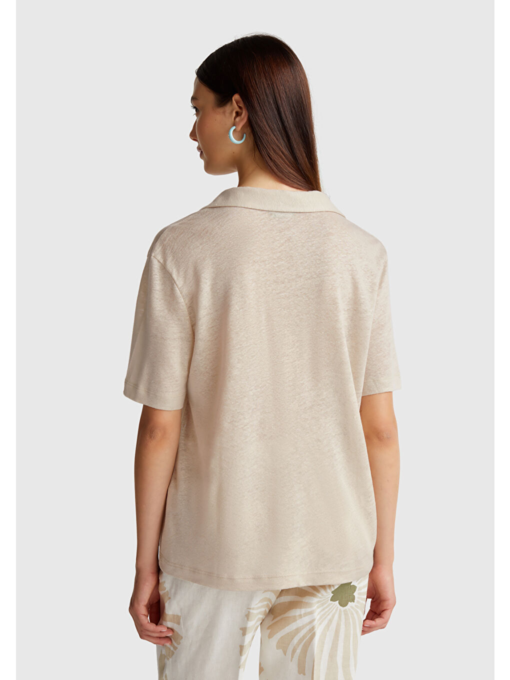 Bej Kadın Taş Rengi %100 Keten Polo Yaka T-Shirt-2