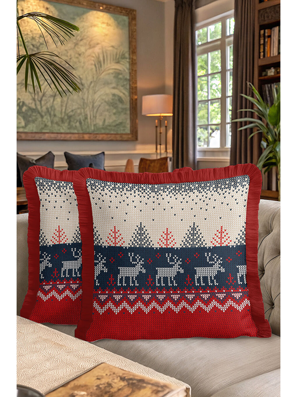 Karışık Nordik Geyik Motifi Saçaklı Yastık Kılıfı - Kış Tema Rustik Kırmızı Lacivert Püsküllü Kırlent Kılıfı-7