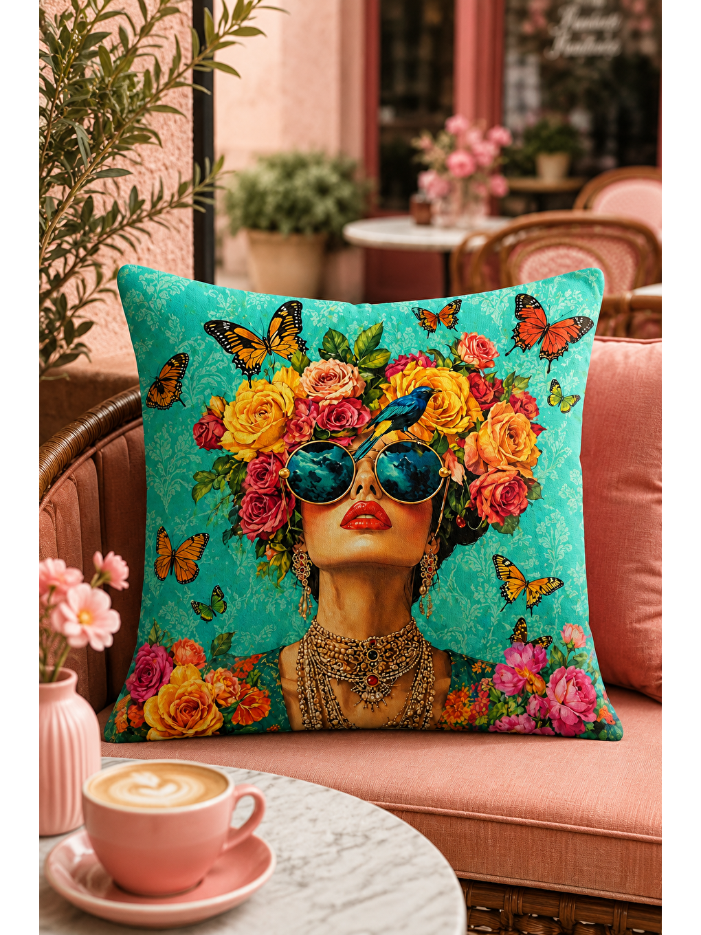 Turkuaz Çiçek Taçlı Kadın Kelebek Desenli Dekoratif Kırlent Kılıfı Bohem Salon Dekor 43x43 Cm-5