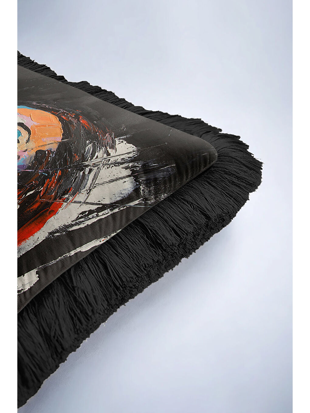 Karışık Soyut Portre Sanat Saçaklı Yastık Kılıfı - Modern Siyah Kırmızı Püsküllü Kırlent Kılıfı-6