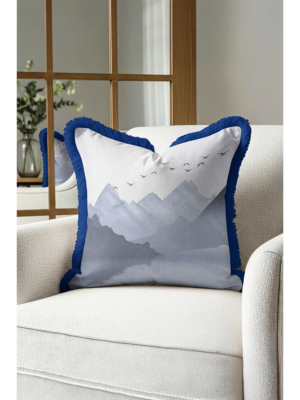 Karışık Füme Dağ Manzaralı Saçaklı Yastık Kılıfı - Minimalist Doğa Temalı Mavi Püsküllü Kırlent Kılıfı-2