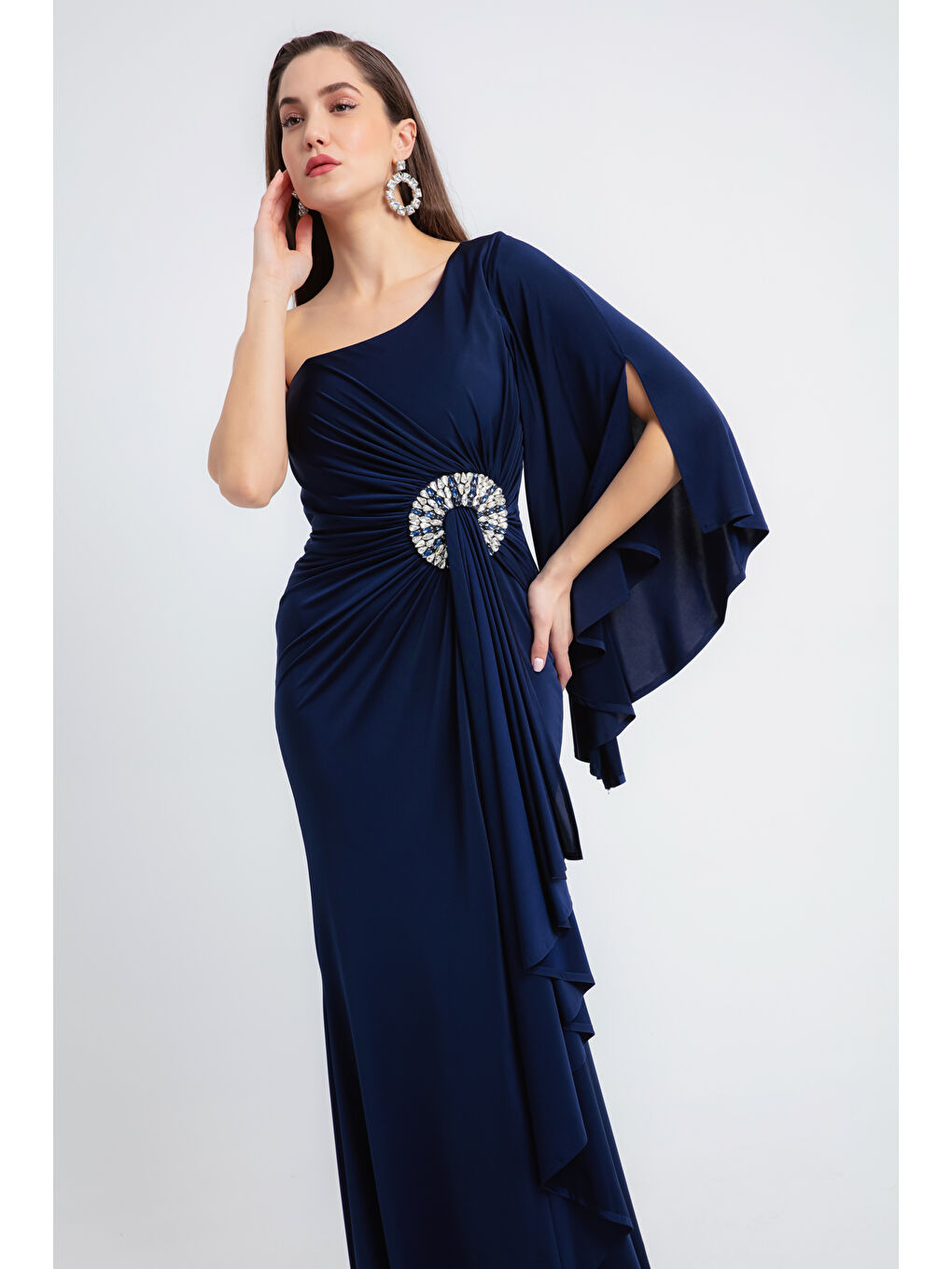 Kadın Lacivert Tek Omuzlu Taş Detaylı Uzun Abiye Elbise-2