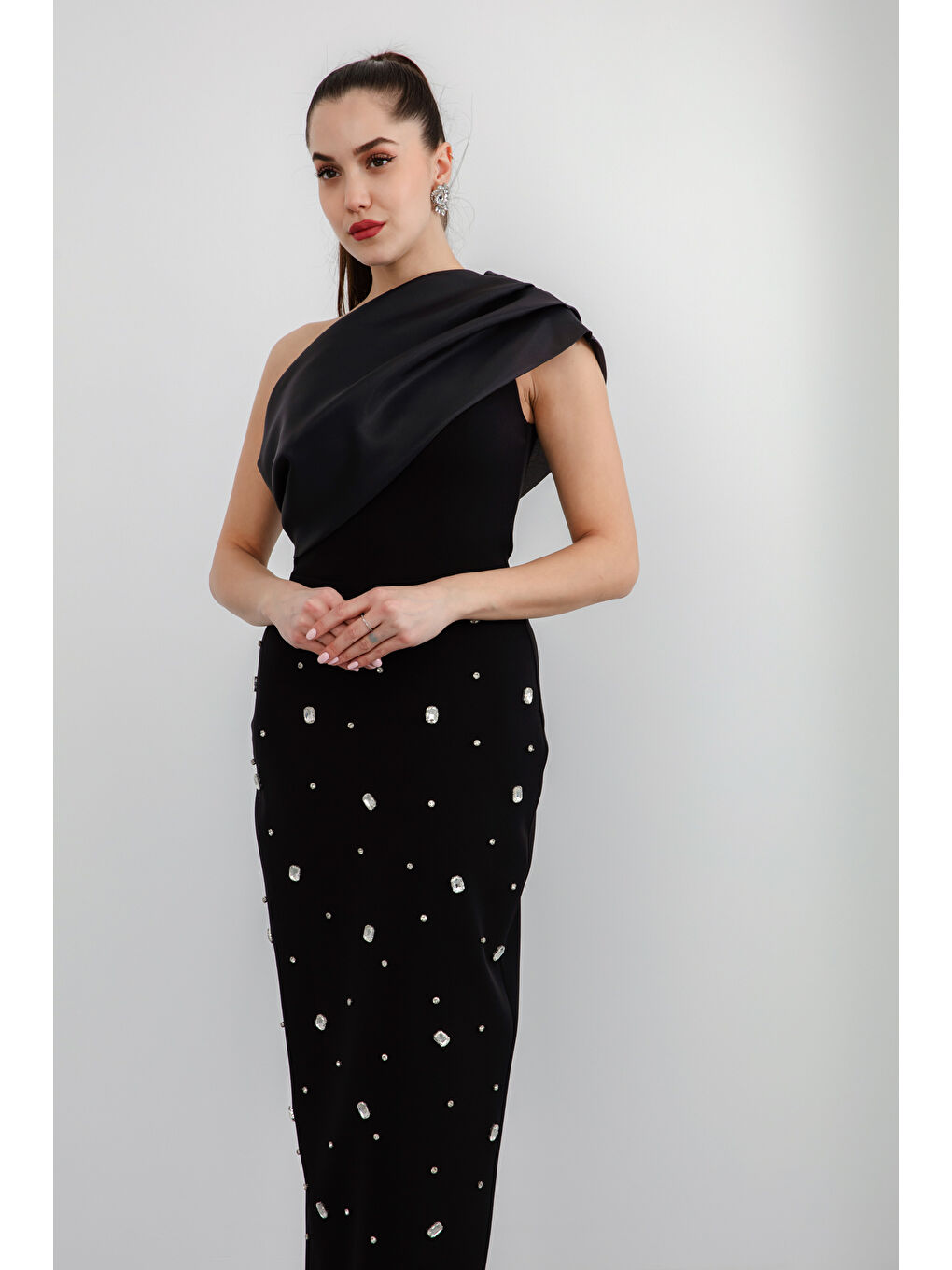 Kadın Siyah Tek Omuz Taşlı Söz Nişan Nikah Abiye Elbise-2