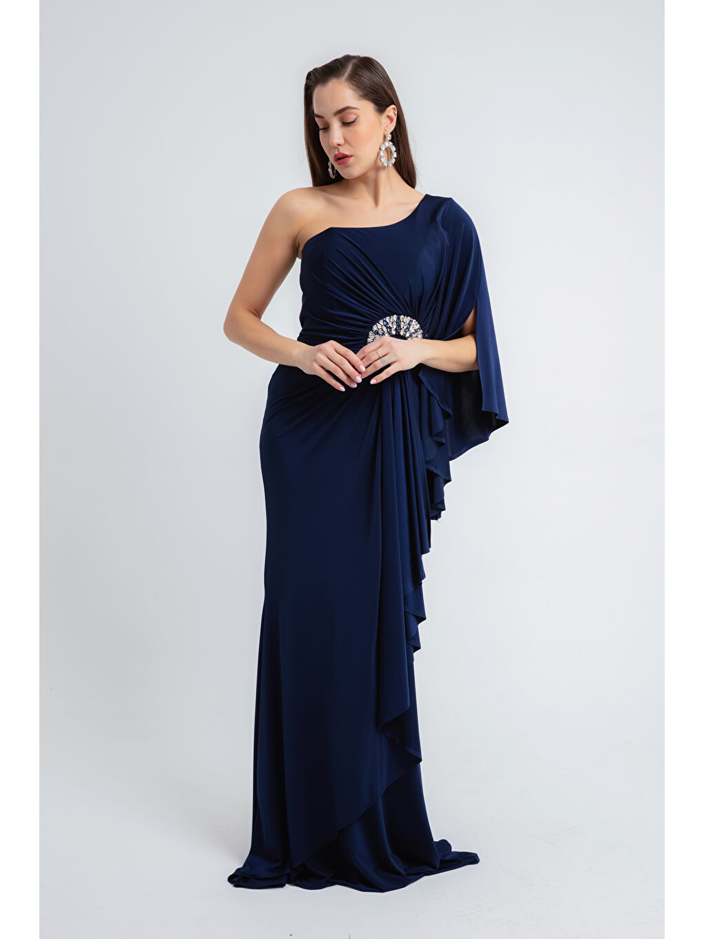 Kadın Lacivert Tek Omuzlu Taş Detaylı Uzun Abiye Elbise-3