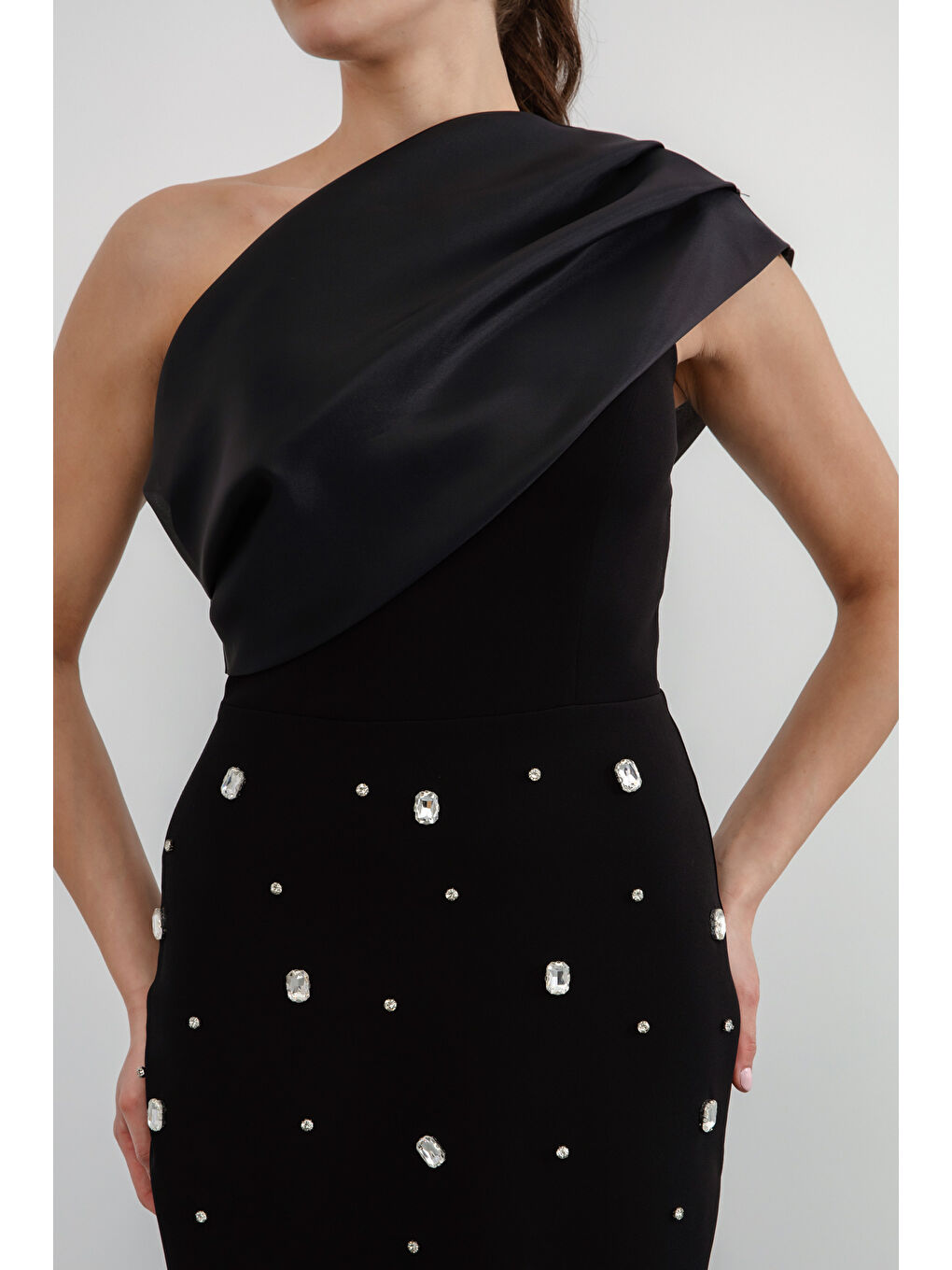 Kadın Siyah Tek Omuz Taşlı Söz Nişan Nikah Abiye Elbise-3