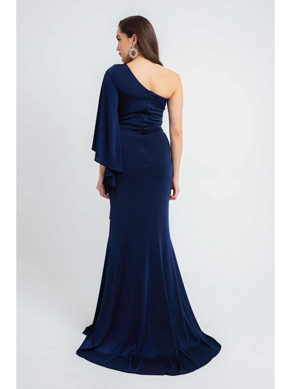 Kadın Lacivert Tek Omuzlu Taş Detaylı Uzun Abiye Elbise-4
