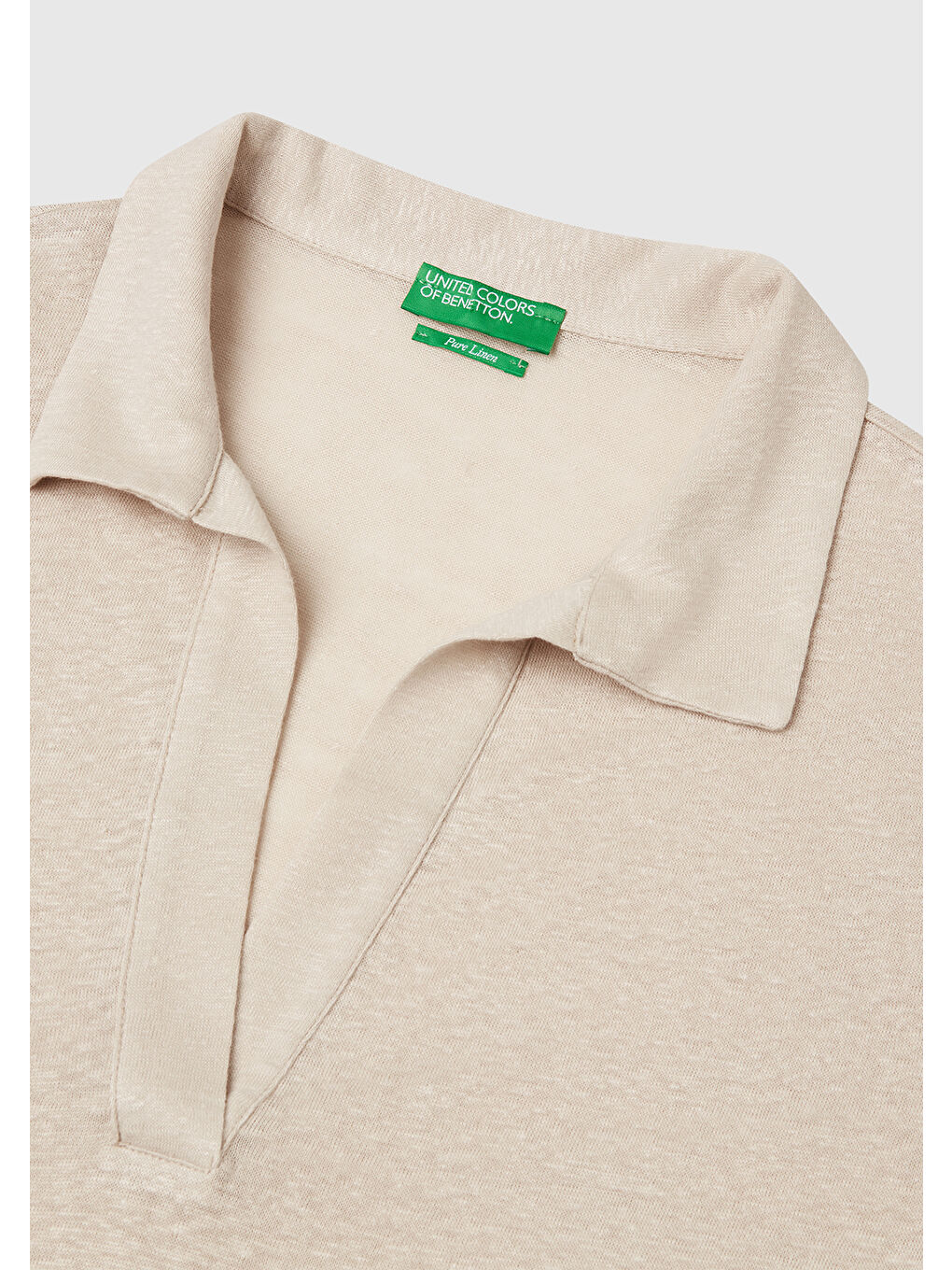 Bej Kadın Taş Rengi %100 Keten Polo Yaka T-Shirt-4