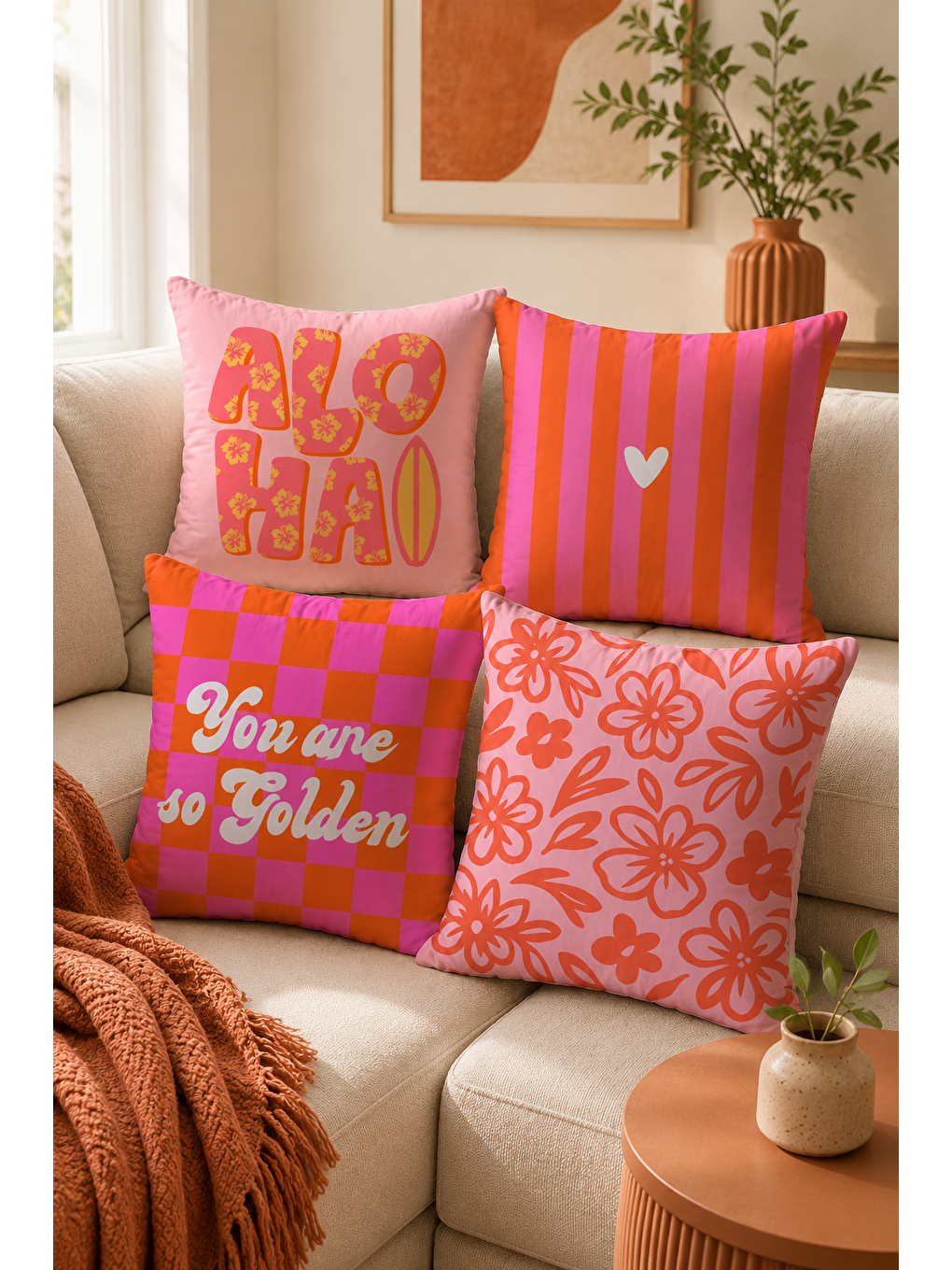 Pembe Aloha Çiçek Ve Çizgi Desenli Dekoratif Kırlent Kılıfı 43x43 Cm Retro Yazlık Dekor-2
