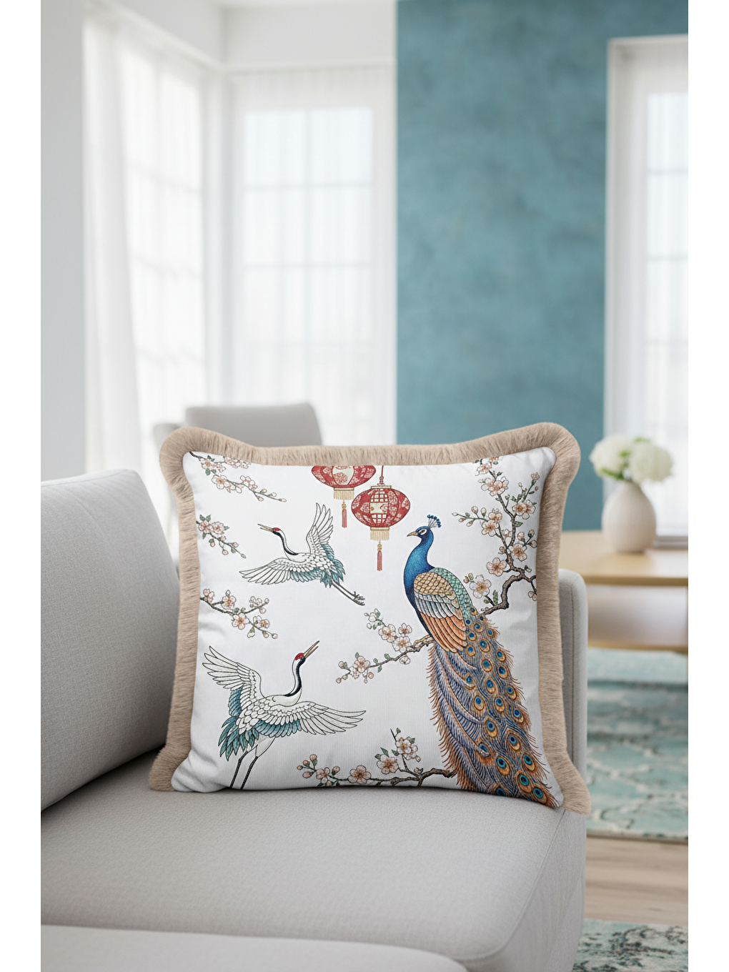 Karışık Görkemli Kuş ve Fener Saçaklı Yastık Kılıfı - Doğu Esintili Bohem Mavi Krem Püsküllü Kırlent Kılıfı