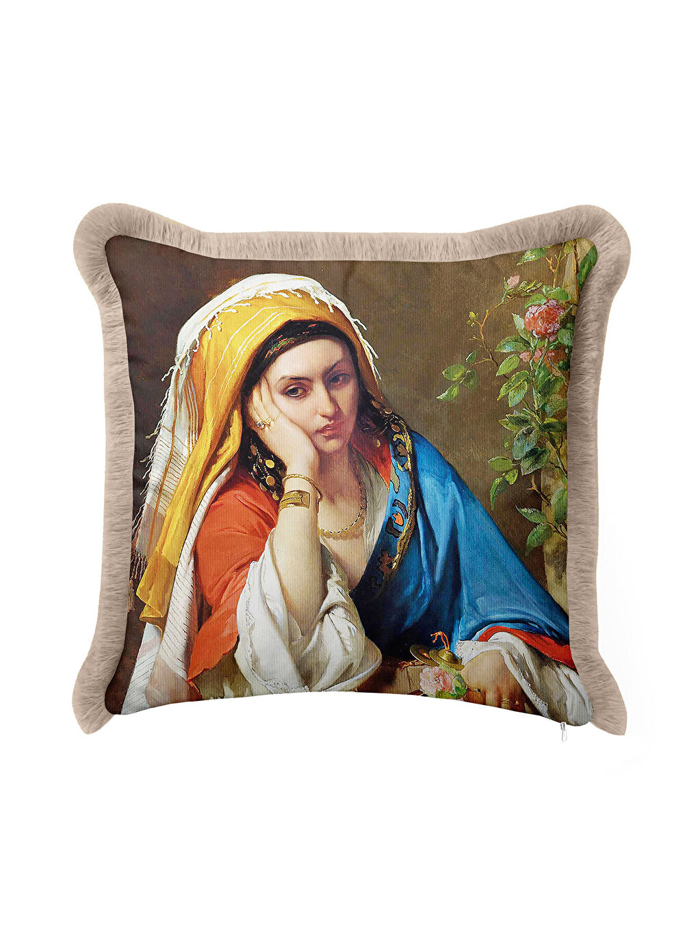 Karışık Avangart Portre Saçaklı Yastık Kılıfı - Sanatsal Klasik Vintage Mavi Gold Püsküllü Kırlent Kılıfı-1