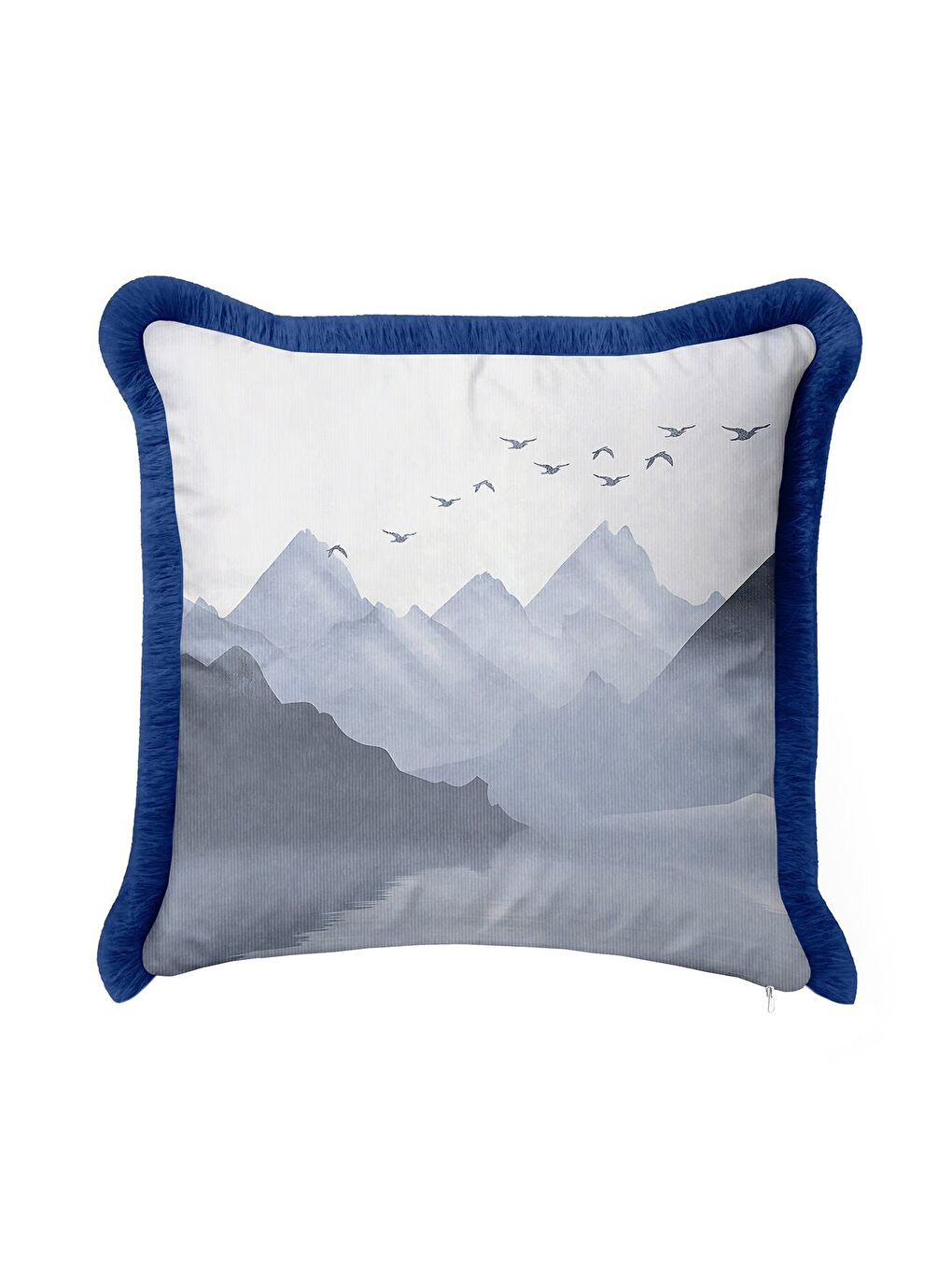 Karışık Füme Dağ Manzaralı Saçaklı Yastık Kılıfı - Minimalist Doğa Temalı Mavi Püsküllü Kırlent Kılıfı-3