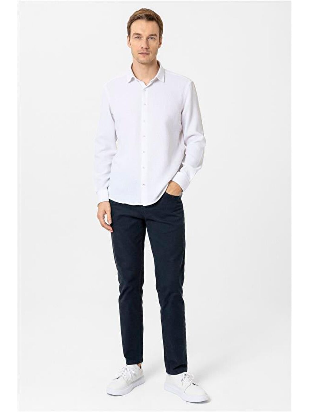 Ekru Slim Desenli Klasik Yaka Gömlek-5