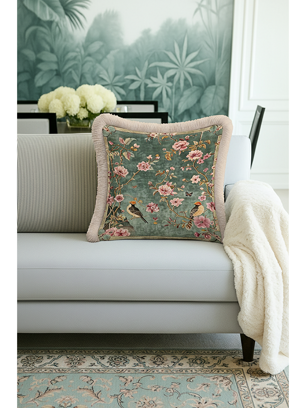 Karışık Bahar Kuşlu Saçaklı Yastık Kılıfı - Vintage Çiçekli Klasik Bohem Yeşil Püsküllü Kırlent Kılıfı-4