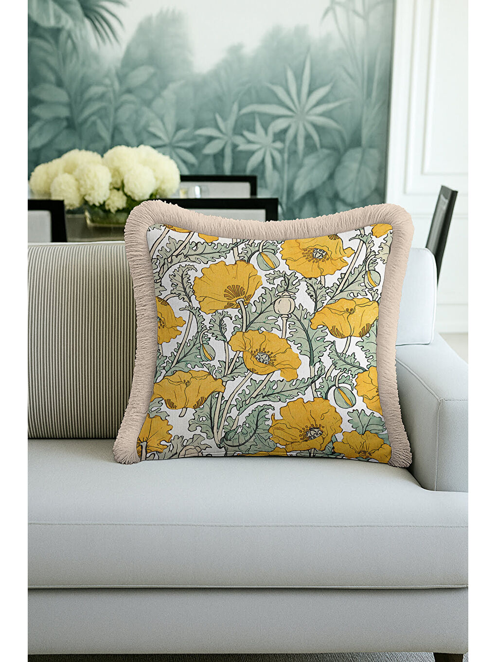 Karışık Lüks Çiçek Bahçesi Saçaklı Yastık Kılıfı - Vintage Country Sarı Yeşil Püsküllü Kırlent Kılıfı-4