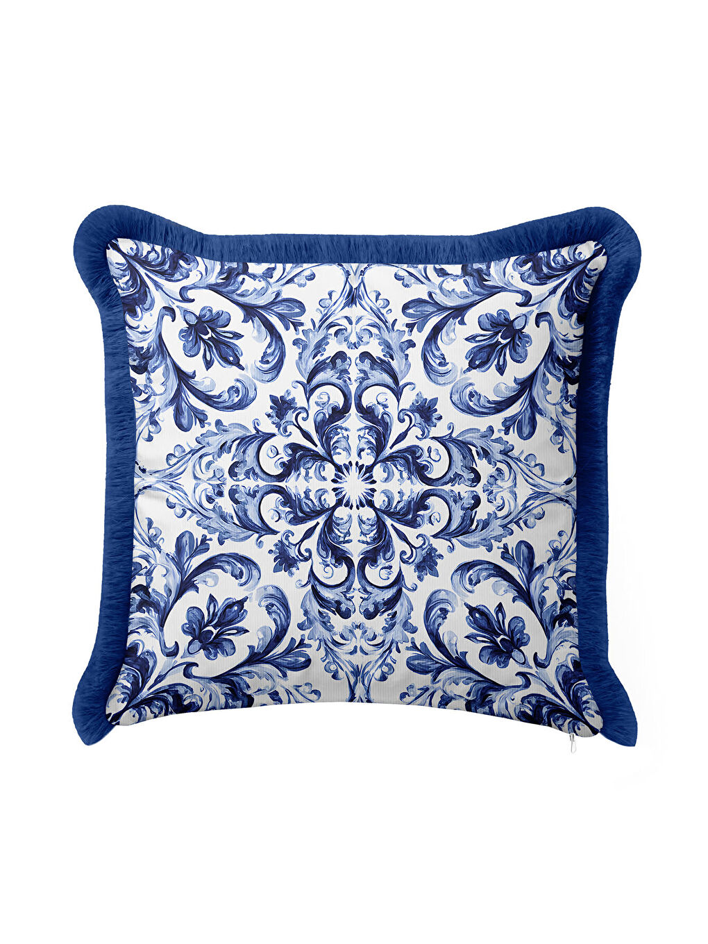 Karışık Barok Lüks Saçaklı Yastık Kılıfı - Akdeniz Esintili Klasik Mavi Püsküllü Kırlent Kılıfı