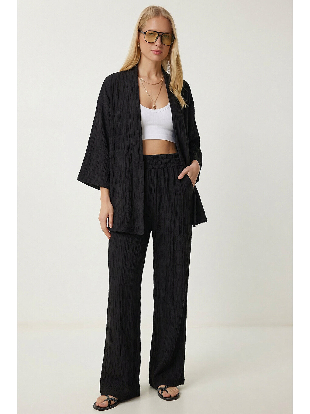 Siyah Dokulu Oversize Örme Kimono Takım SİYAH LBY0041-1