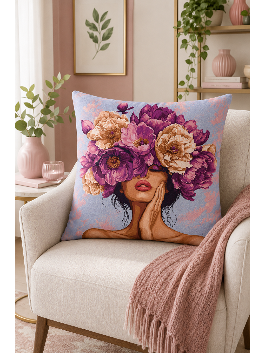 Mor Çiçek Taçlı Kadın Portre Dekoratif Kırlent Kılıfı Bohem Salon Dekor 43x43 Cm-2