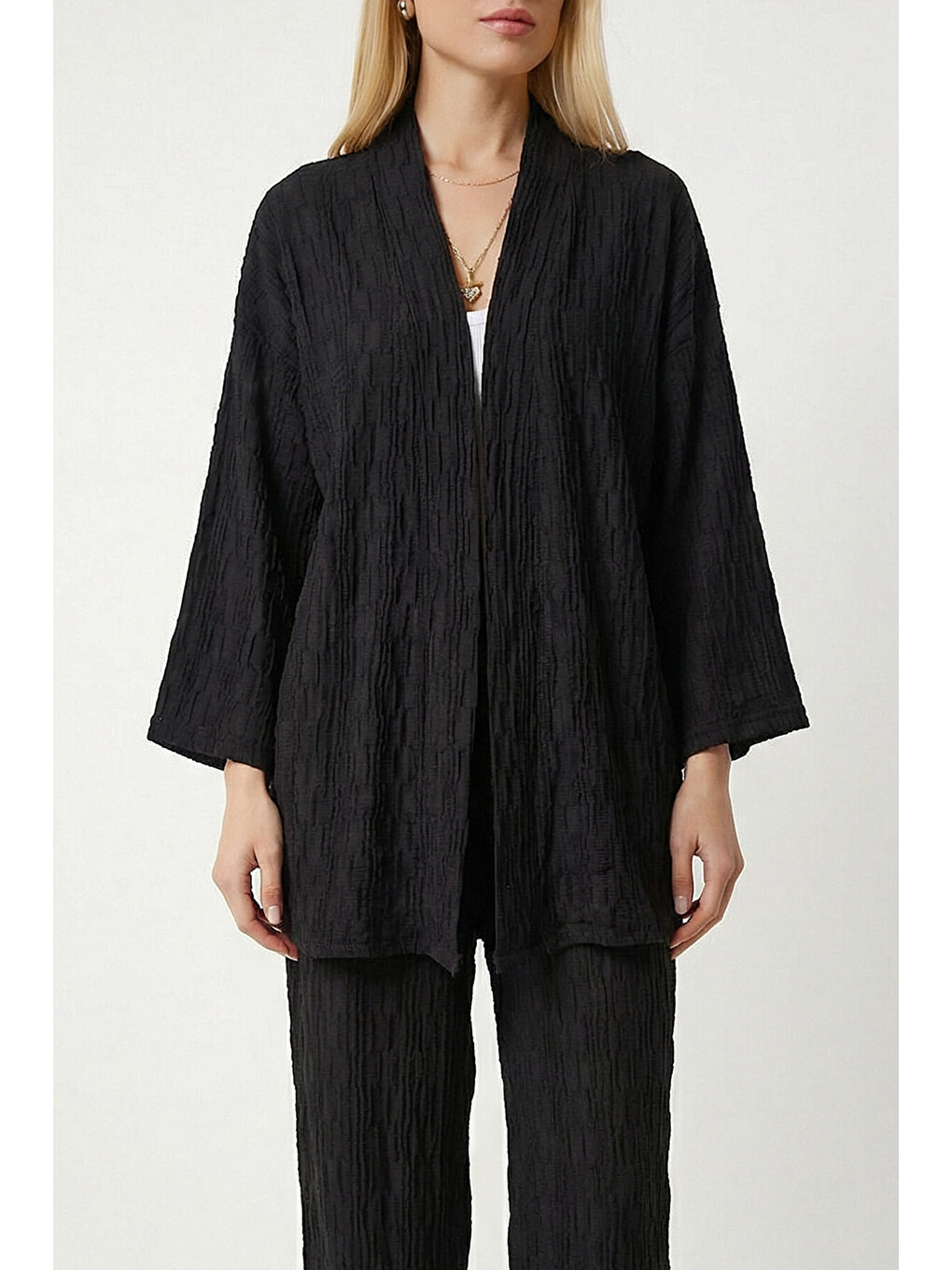Siyah Dokulu Oversize Örme Kimono Takım SİYAH LBY0041-2
