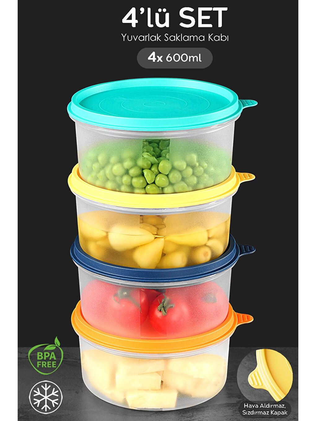 Karışık 4'lü Yuvarlak Gıda Saklama Kabı Seti 4x600 ml Renkli