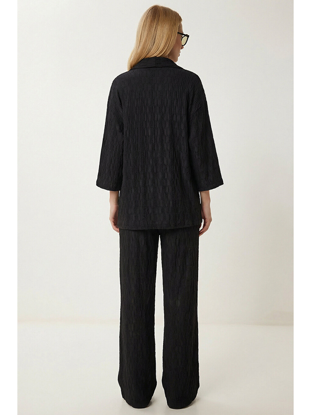 Siyah Dokulu Oversize Örme Kimono Takım SİYAH LBY0041-3