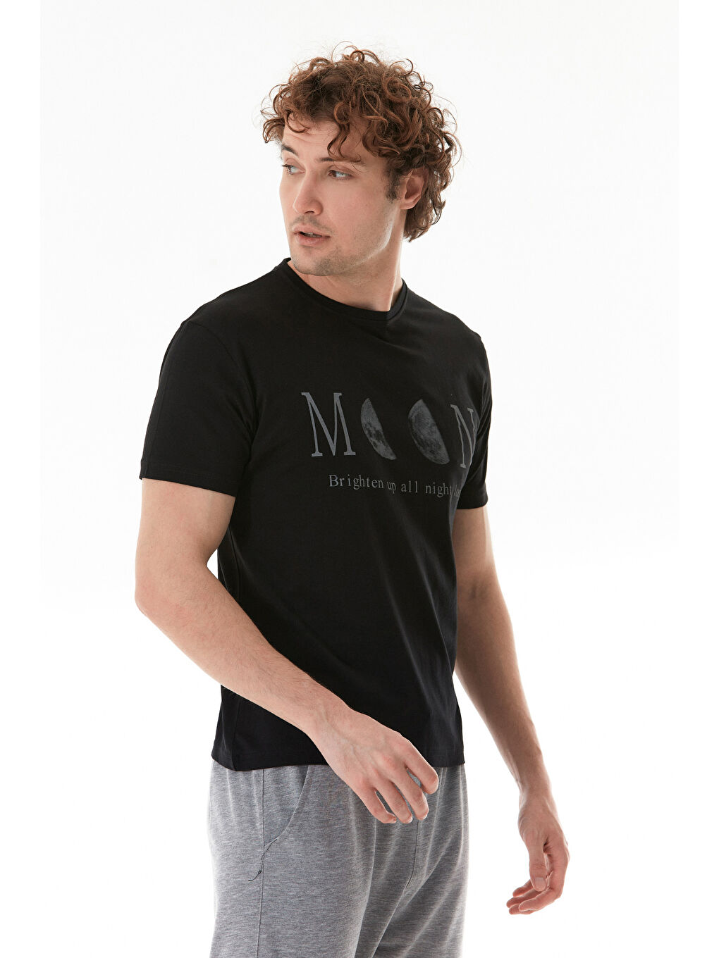 Siyah Moon Yazı Ve Ay Baskılı Bisiklet Yaka %100 Pamuk Tişört-2