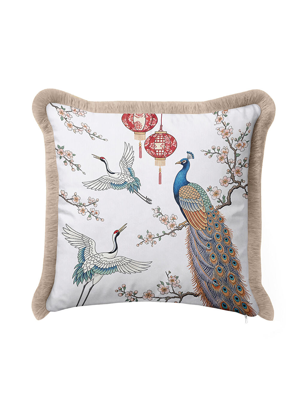 Karışık Görkemli Kuş ve Fener Saçaklı Yastık Kılıfı - Doğu Esintili Bohem Mavi Krem Püsküllü Kırlent Kılıfı-1