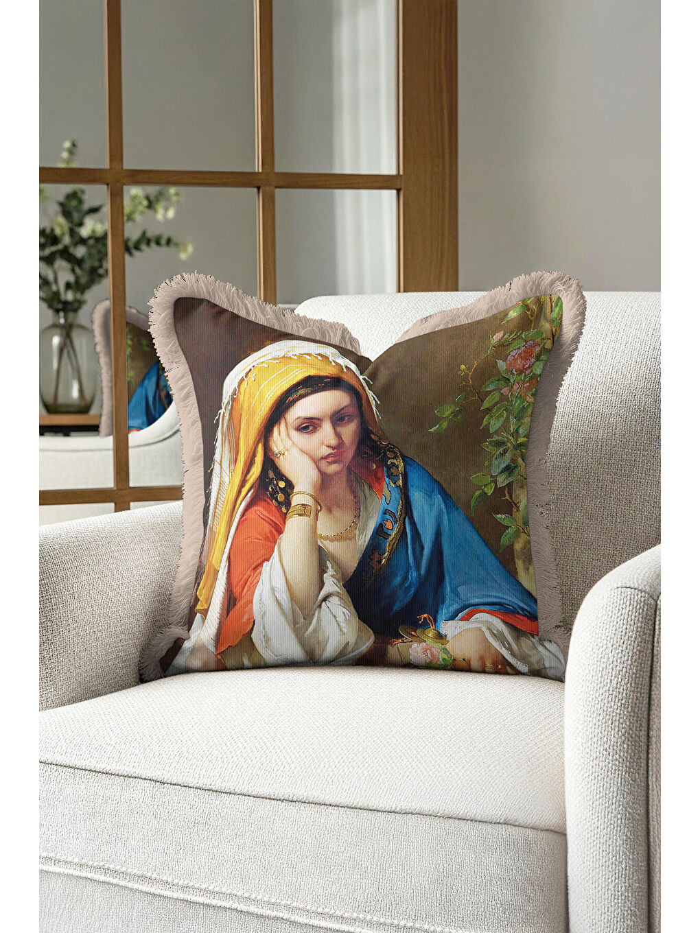 Karışık Avangart Portre Saçaklı Yastık Kılıfı - Sanatsal Klasik Vintage Mavi Gold Püsküllü Kırlent Kılıfı-2