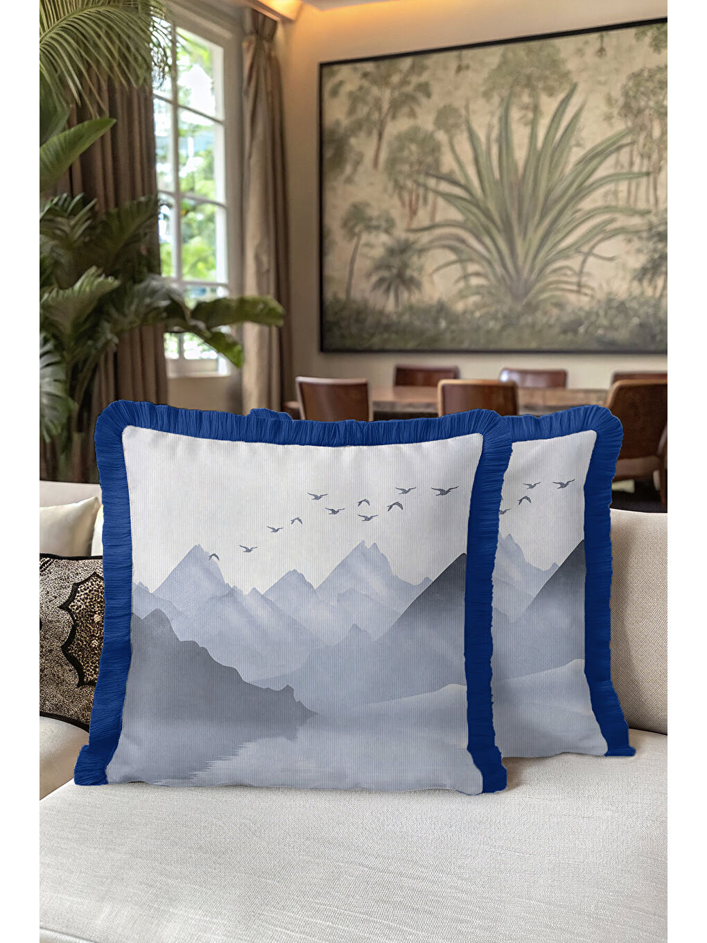 Karışık Füme Dağ Manzaralı Saçaklı Yastık Kılıfı - Minimalist Doğa Temalı Mavi Püsküllü Kırlent Kılıfı-5