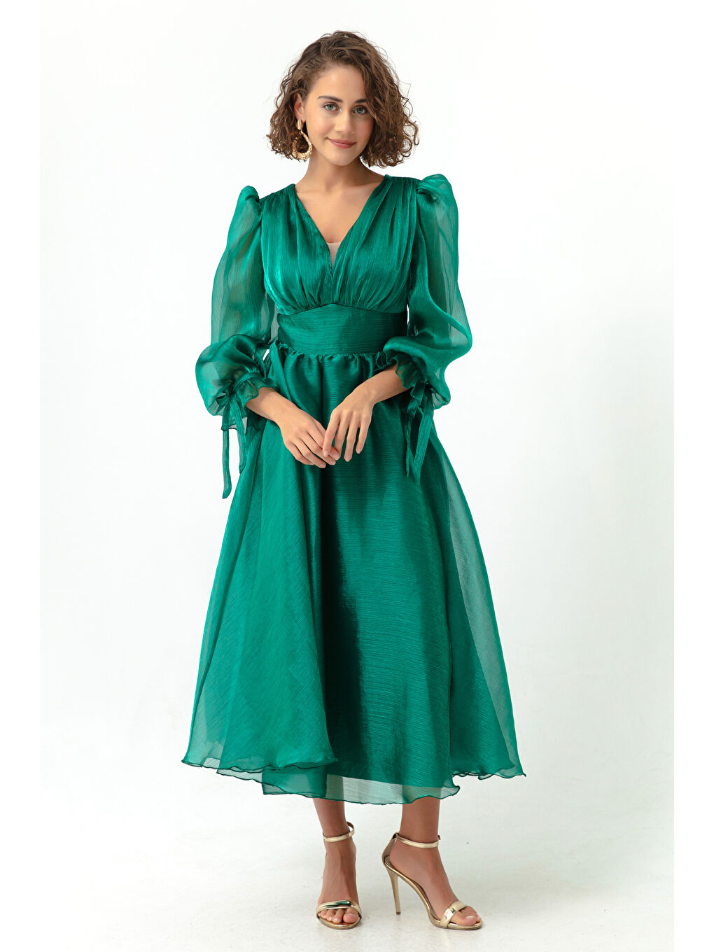 Kadın Zümrüt Yeşili Balon Kol V Yaka Midi Abiye Elbise-1