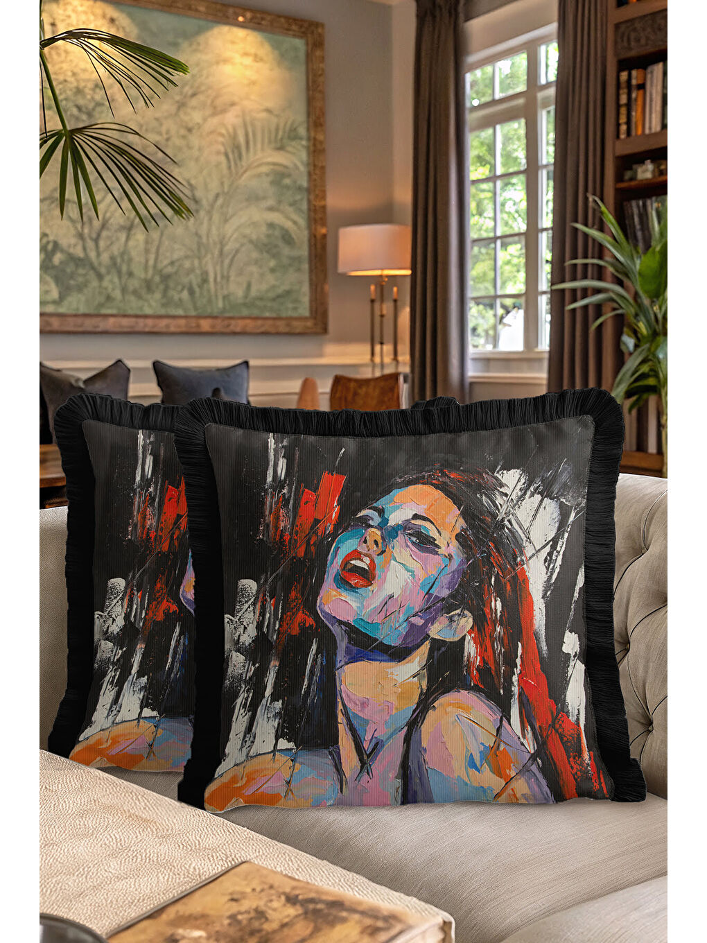 Karışık Soyut Portre Sanat Saçaklı Yastık Kılıfı - Modern Siyah Kırmızı Püsküllü Kırlent Kılıfı-7