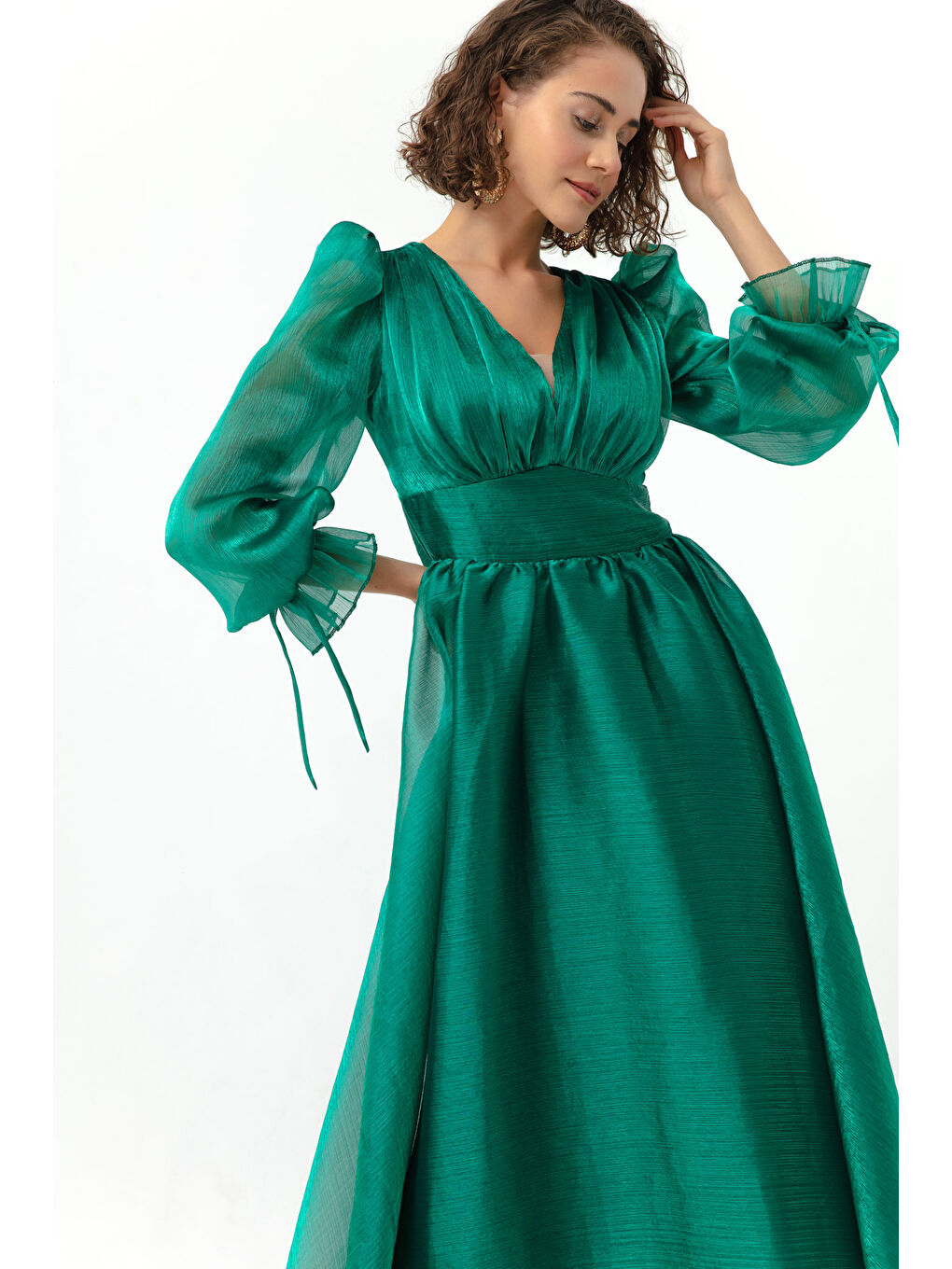 Kadın Zümrüt Yeşili Balon Kol V Yaka Midi Abiye Elbise-2