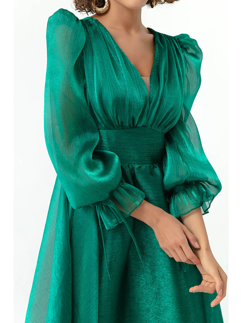 Kadın Zümrüt Yeşili Balon Kol V Yaka Midi Abiye Elbise-3